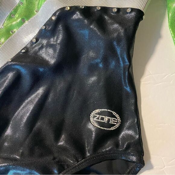 Ozone gymnastics green foil competition 3/4 sleeve custom leotard rhinestone YL - Picture 6 of 11